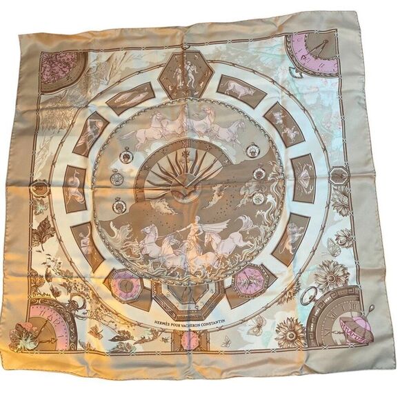 NIB RARE Hermès Pour Vacheron Constantin Astrologie Time Brown Pink Silk Scarf - Picture 1 of 17